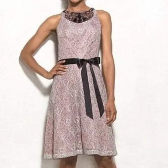 Adrianna Papell Pink Lace Mini Dress with Black Bow - Picture 1 of 9